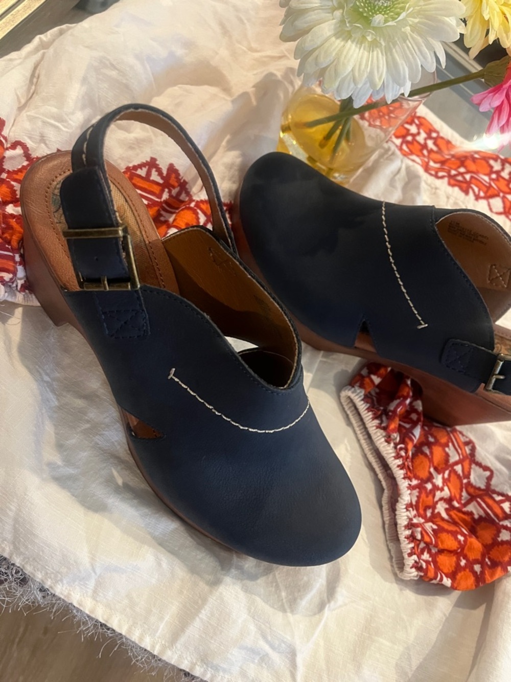 boc Navy Leather Slingback Clogs with Contrast Stitch